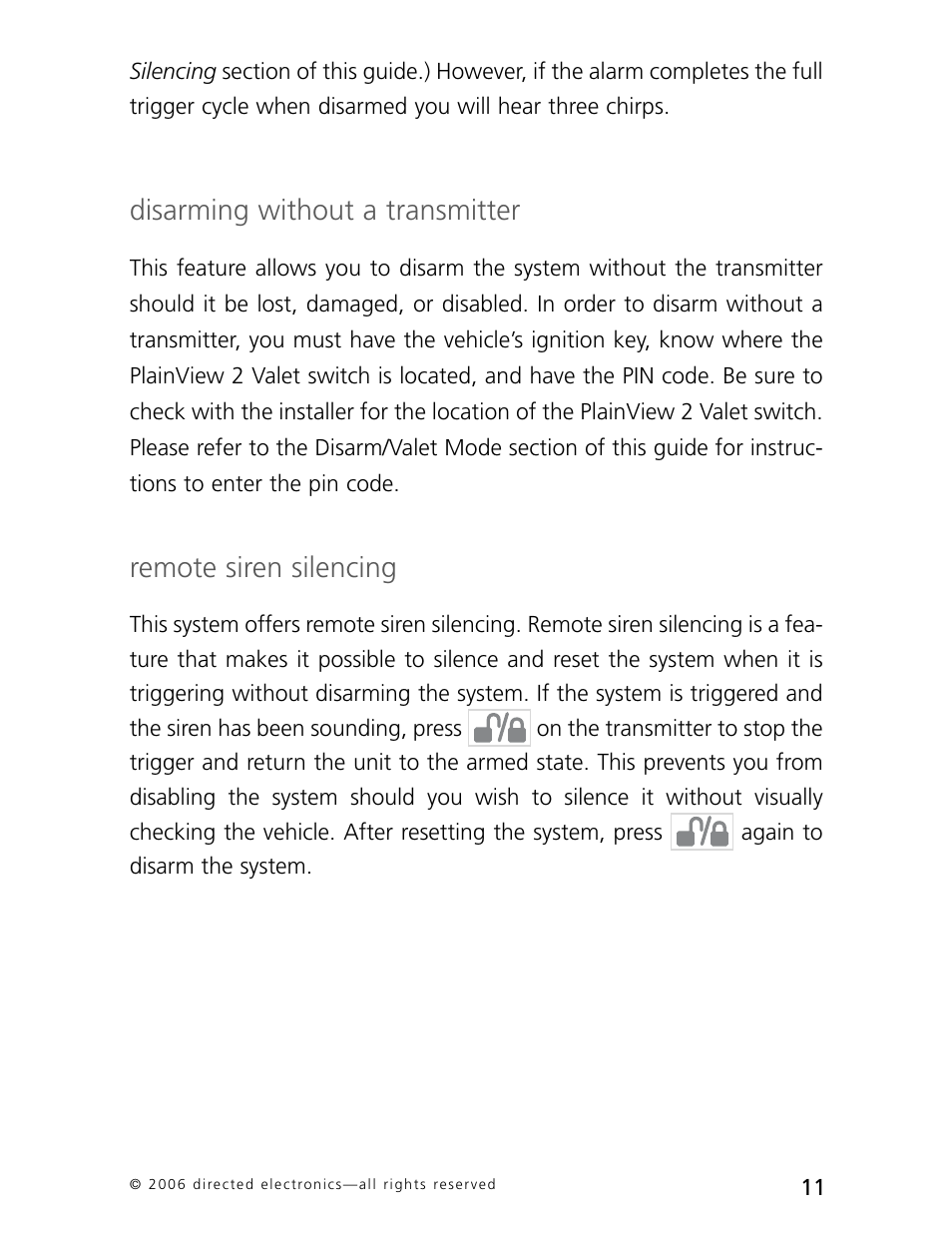 Disarming without a transmitter, Remote siren silencing | CLIFFORD AvantGuard 5.1 User Manual | Page 14 / 53