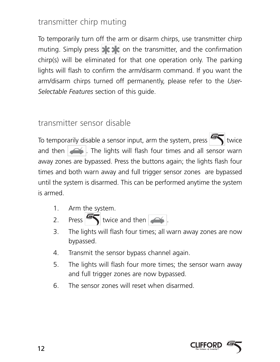 Transmitter chirp muting, Transmitter sensor disable | CLIFFORD AvantGuard 5.1 User Manual | Page 15 / 53