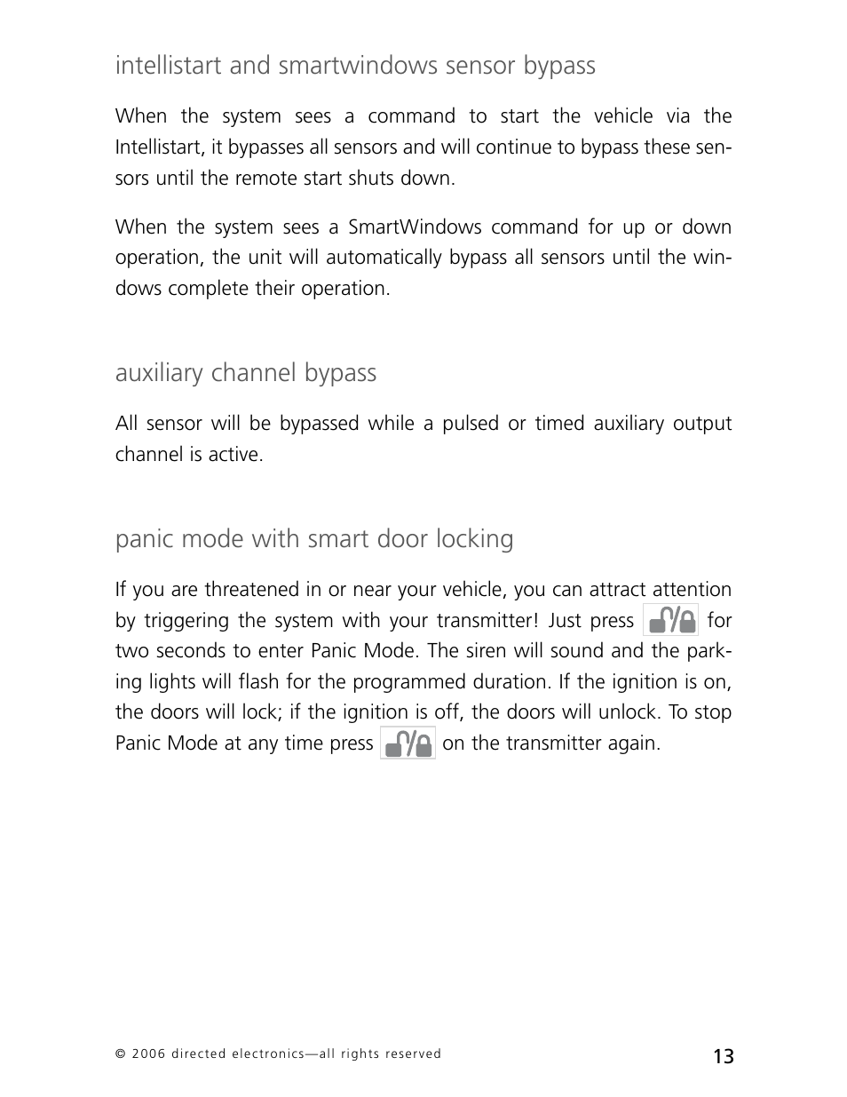 Intellistart and smartwindows sensor bypass, Auxiliary channel bypass, Panic mode with smart door locking | CLIFFORD AvantGuard 5.1 User Manual | Page 16 / 53