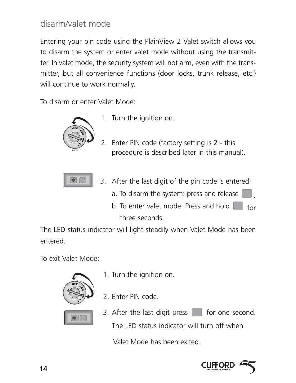 Disarm/valet mode | CLIFFORD AvantGuard 5.1 User Manual | Page 17 / 53