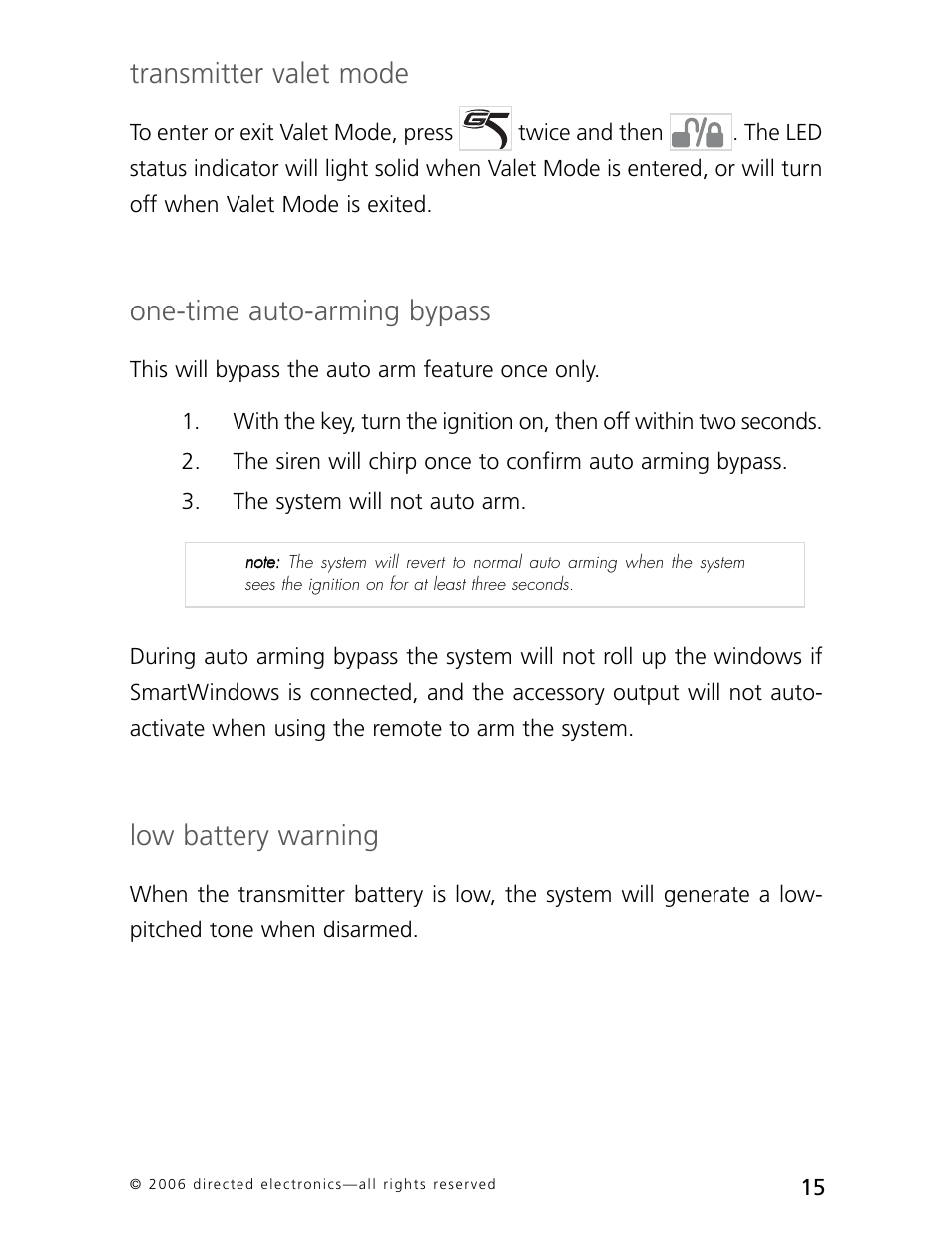 Transmitter valet mode, One-time auto-arming bypass, Low battery warning | CLIFFORD AvantGuard 5.1 User Manual | Page 18 / 53