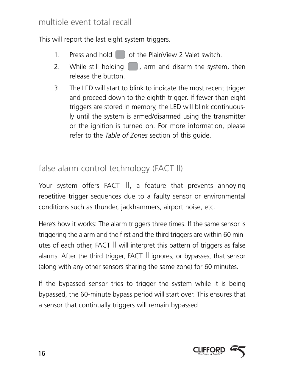 Multiple event total recall, False alarm control technology (fact ii) | CLIFFORD AvantGuard 5.1 User Manual | Page 19 / 53