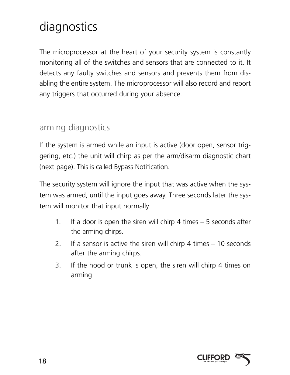Diagnostics, Arming diagnostics | CLIFFORD AvantGuard 5.1 User Manual | Page 21 / 53