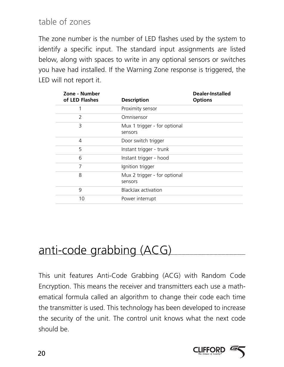 Anti-code grabbing (acg), Table of zones | CLIFFORD AvantGuard 5.1 User Manual | Page 23 / 53