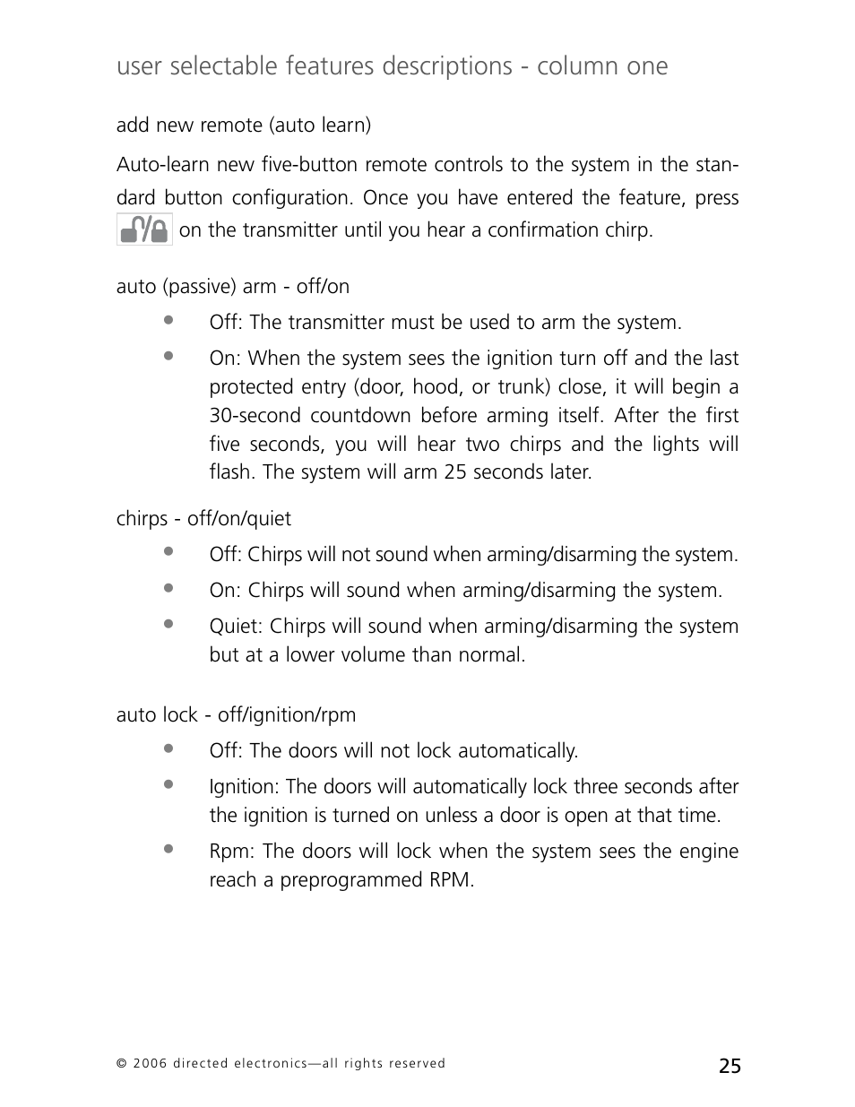 User selectable features descriptions - column one | CLIFFORD AvantGuard 5.1 User Manual | Page 28 / 53