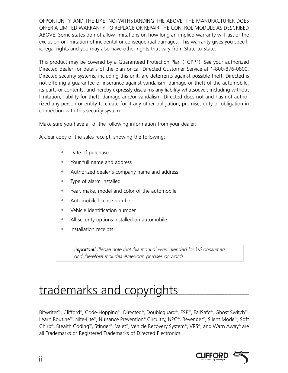 Trademarks and copyrights | CLIFFORD AvantGuard 5.1 User Manual | Page 3 / 53