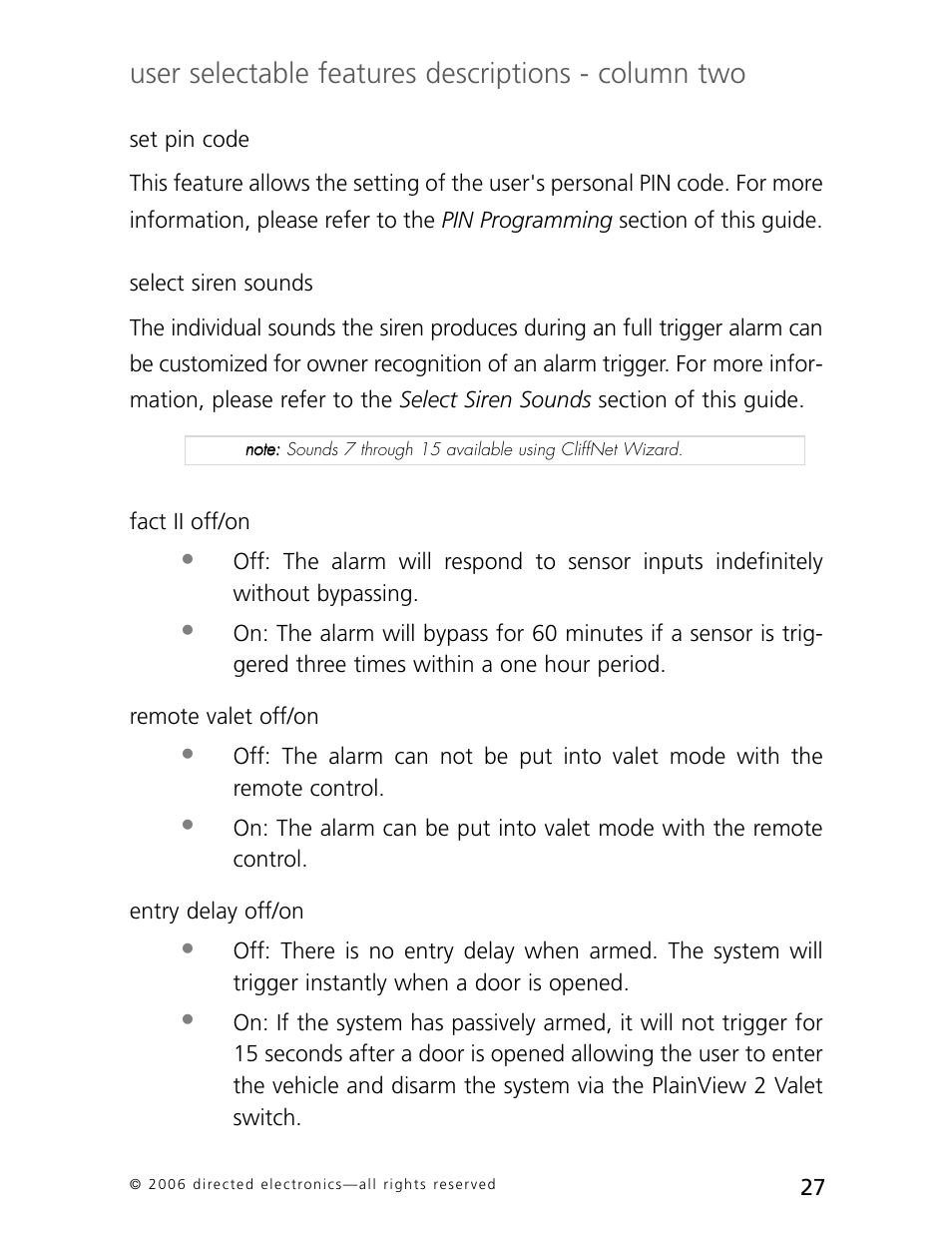 User selectable features descriptions - column two | CLIFFORD AvantGuard 5.1 User Manual | Page 30 / 53