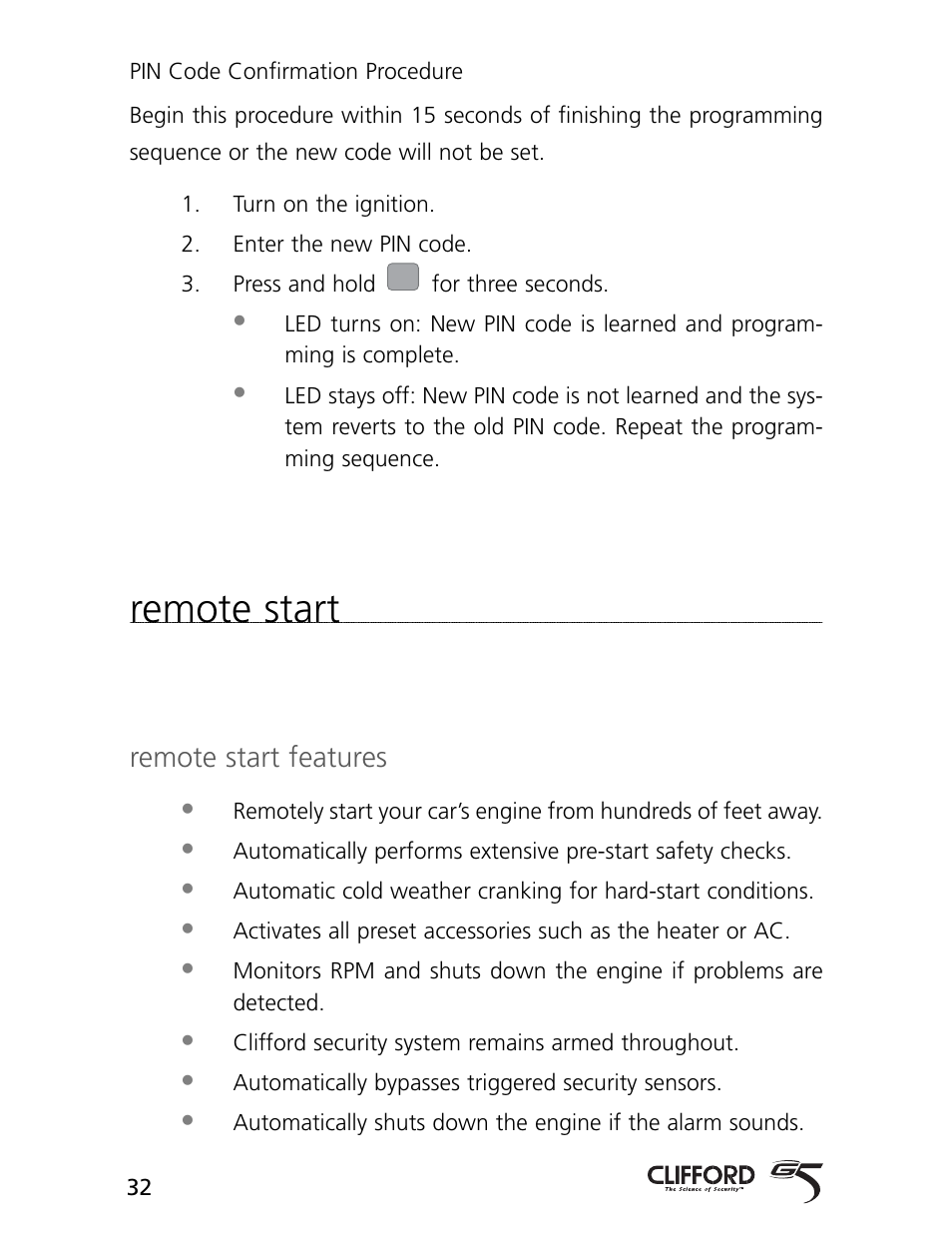 Remote start, Remote start features | CLIFFORD AvantGuard 5.1 User Manual | Page 35 / 53