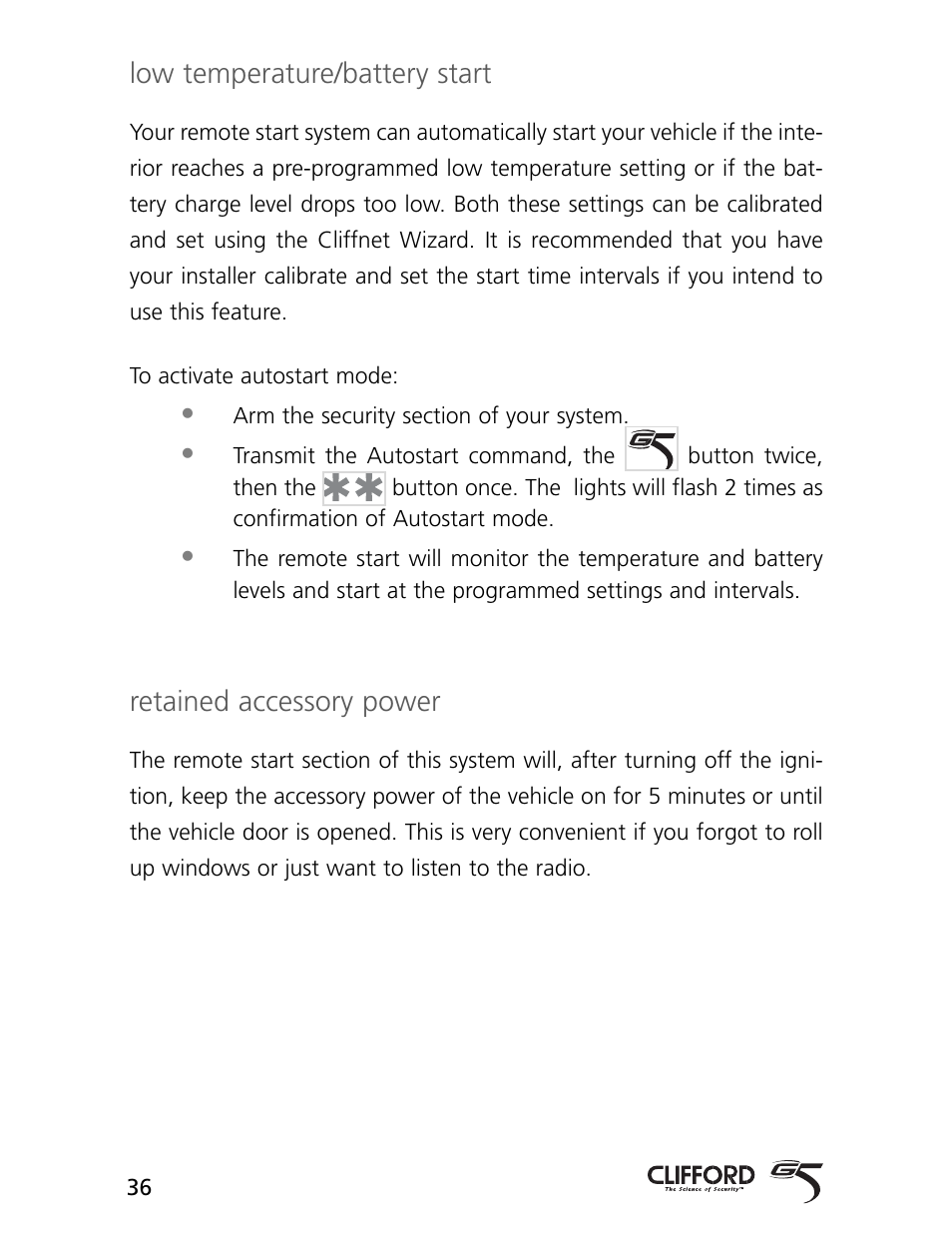 Low temperature/battery start, Retained accessory power | CLIFFORD AvantGuard 5.1 User Manual | Page 39 / 53