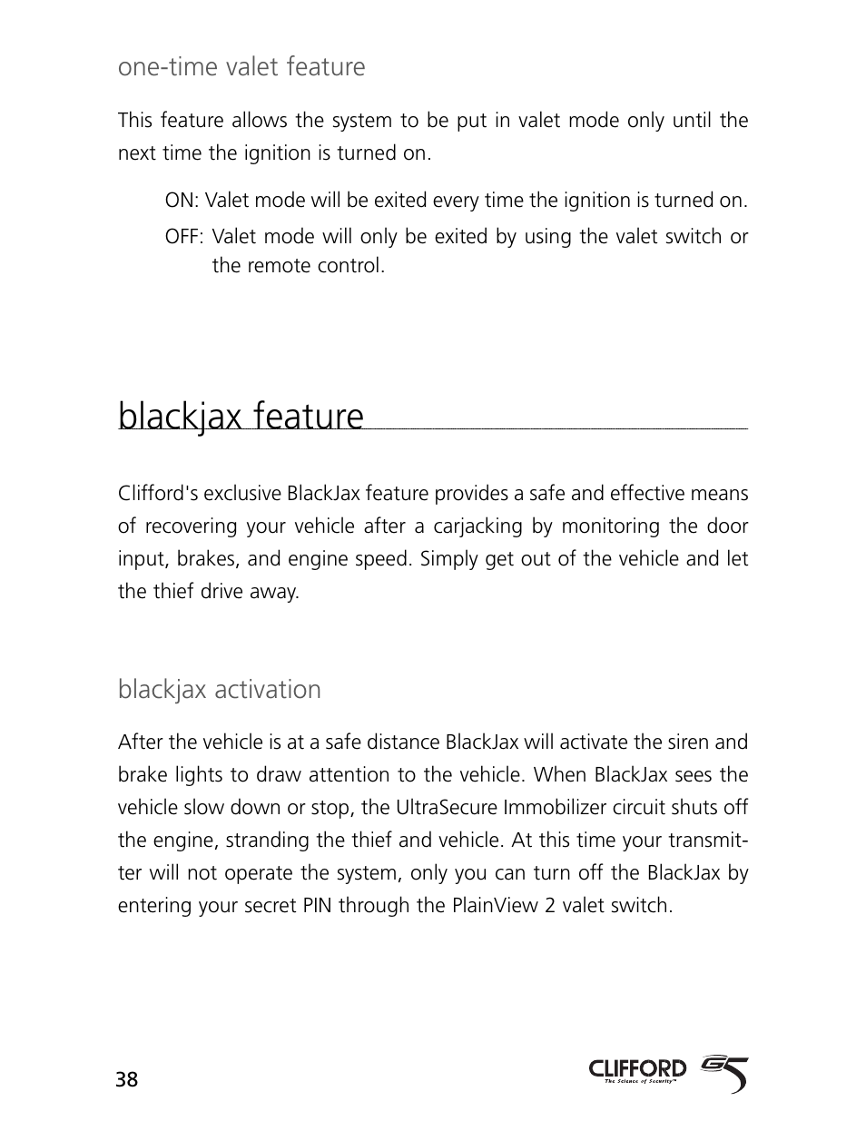 Blackjax feature, One-time valet feature, Blackjax activation | CLIFFORD AvantGuard 5.1 User Manual | Page 41 / 53