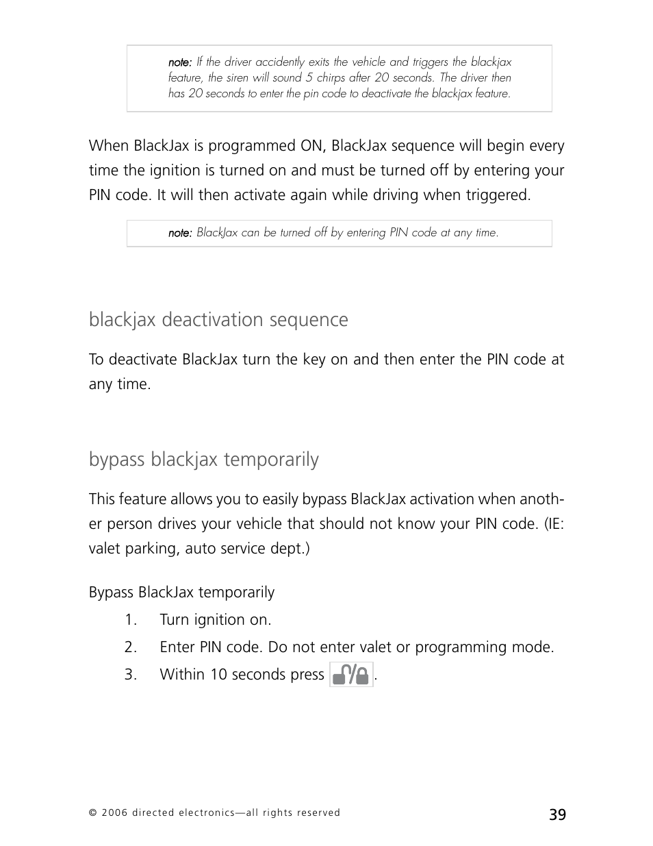 Blackjax deactivation sequence, Bypass blackjax temporarily | CLIFFORD AvantGuard 5.1 User Manual | Page 42 / 53