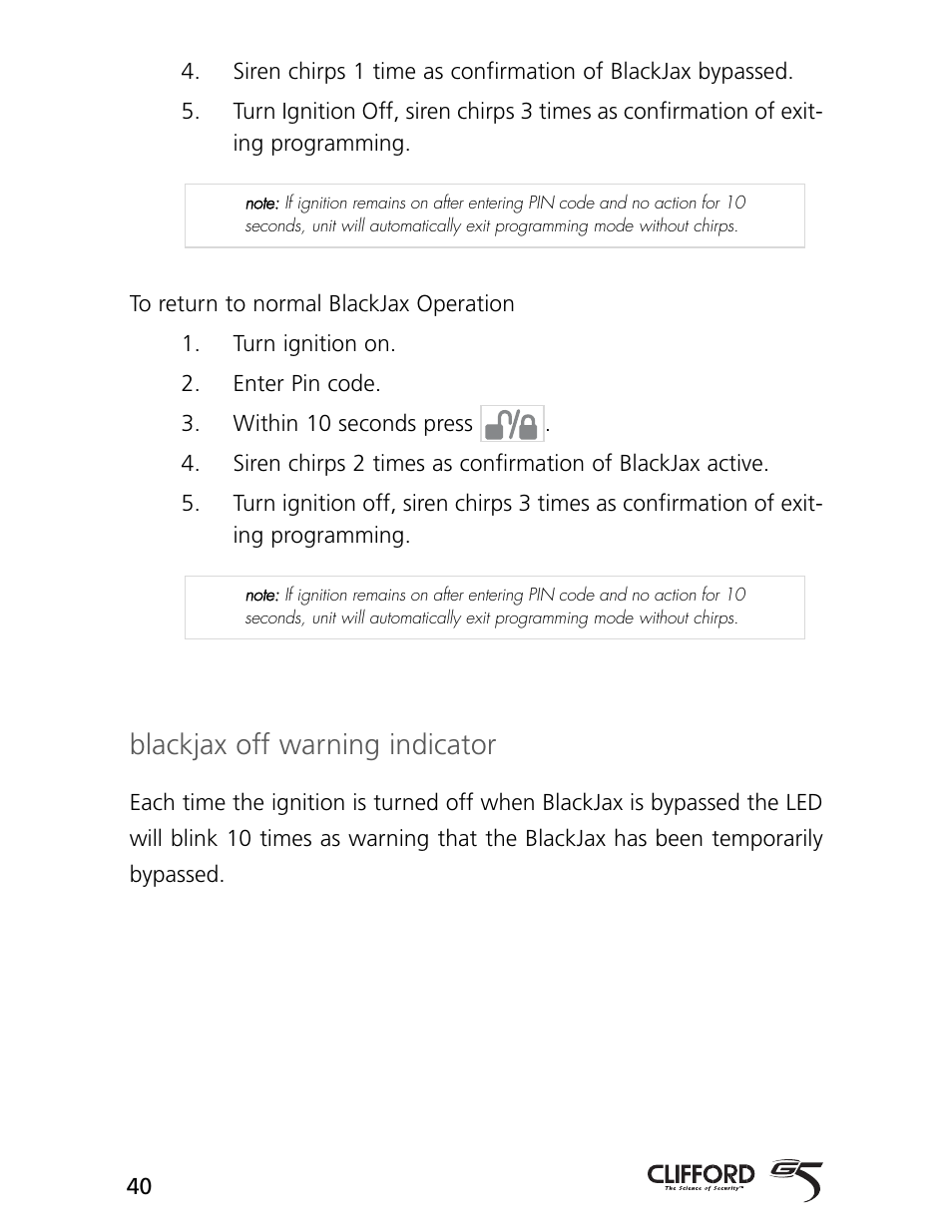Blackjax off warning indicator | CLIFFORD AvantGuard 5.1 User Manual | Page 43 / 53