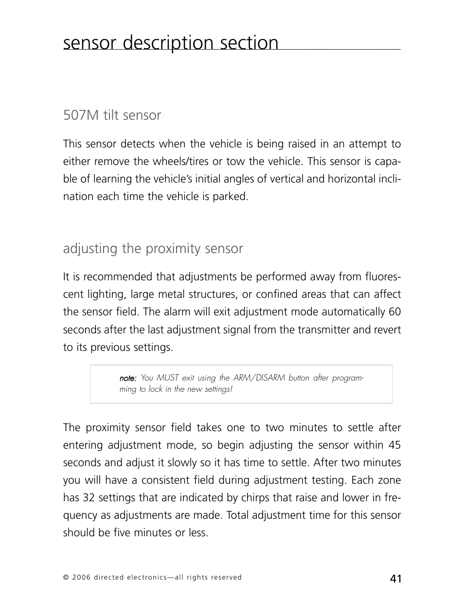 507m tilt sensor, Adjusting the proximity sensor | CLIFFORD AvantGuard 5.1 User Manual | Page 44 / 53
