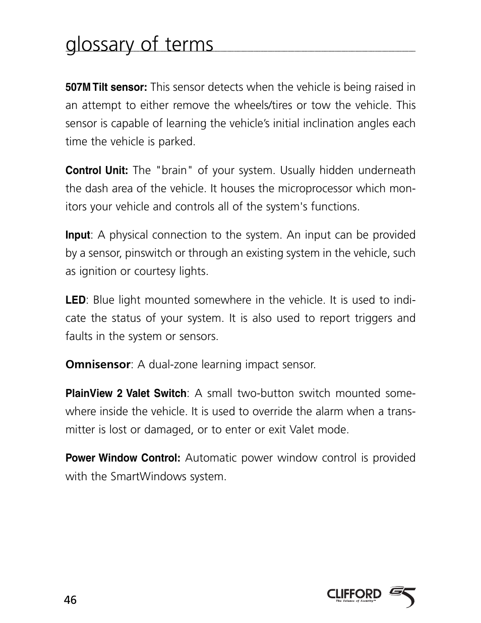 Glossary of terms | CLIFFORD AvantGuard 5.1 User Manual | Page 49 / 53