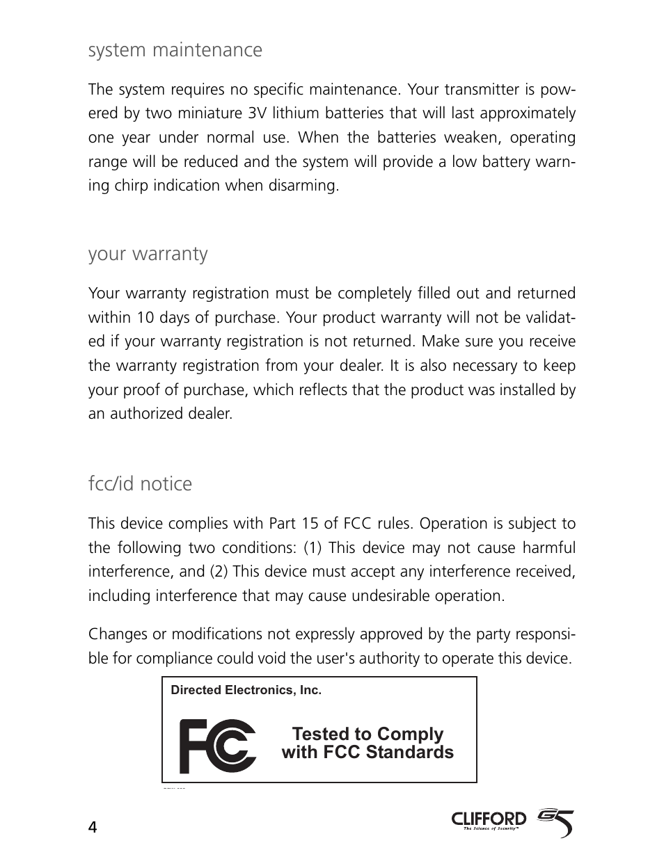 System maintenance, Your warranty, Fcc/id notice | CLIFFORD AvantGuard 5.1 User Manual | Page 7 / 53
