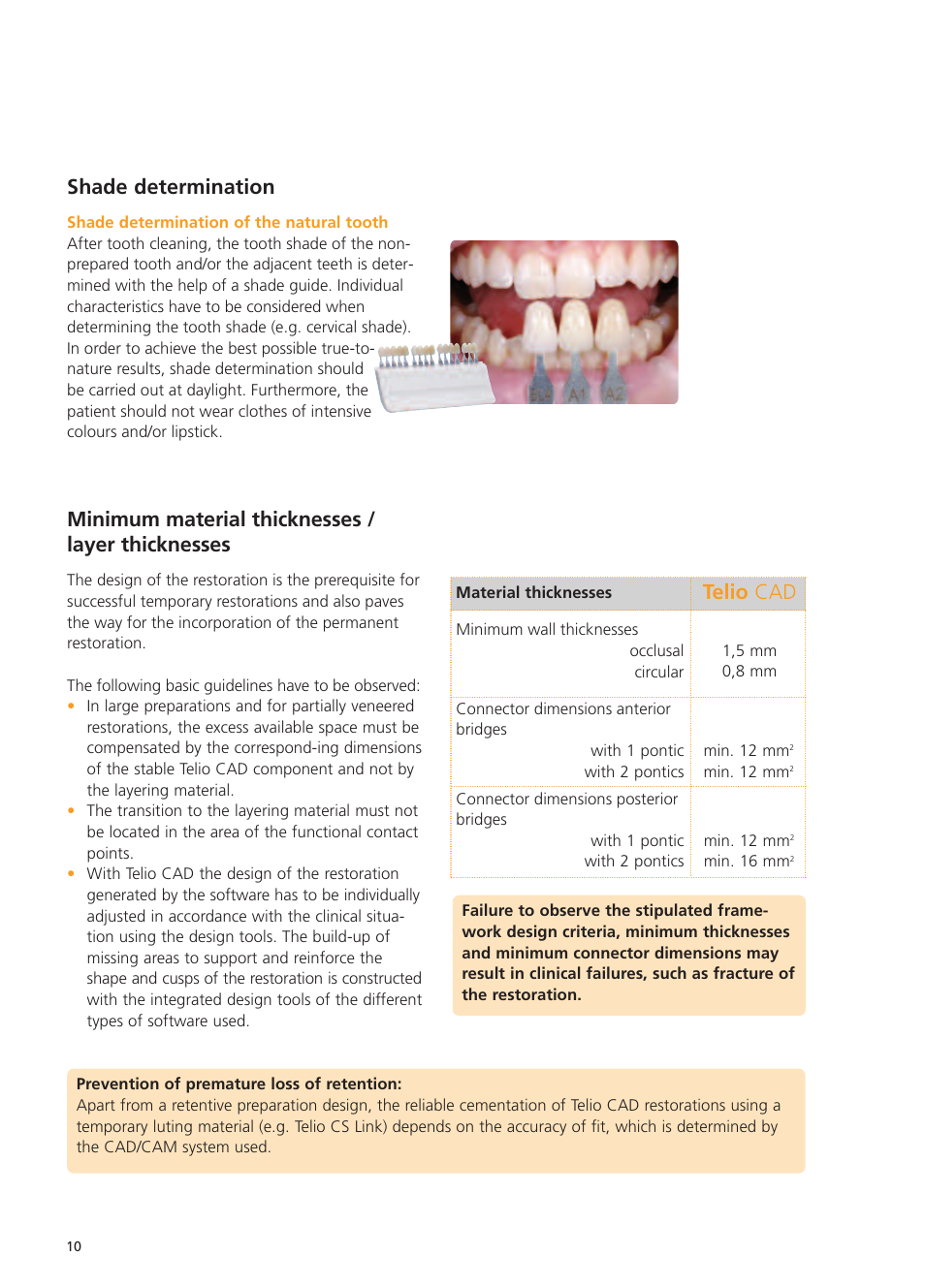 Shade determination, Minimum material thicknesses / layer thicknesses, Telio cad | Ivoclar Vivadent Telio CS User Manual | Page 10 / 36