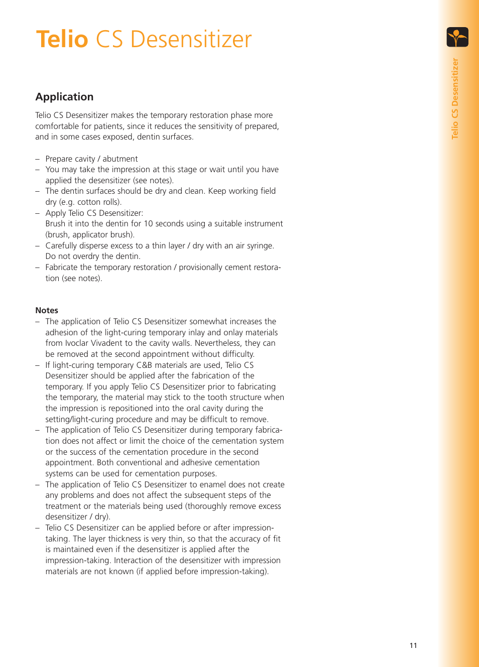 Telio cs desensitizer, Application | Ivoclar Vivadent Telio CS User Manual | Page 11 / 36