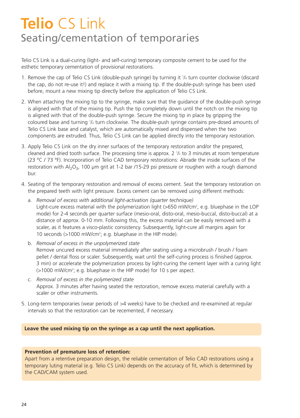 Telio cs link, Seating/cementation of temporaries | Ivoclar Vivadent Telio CS User Manual | Page 24 / 36