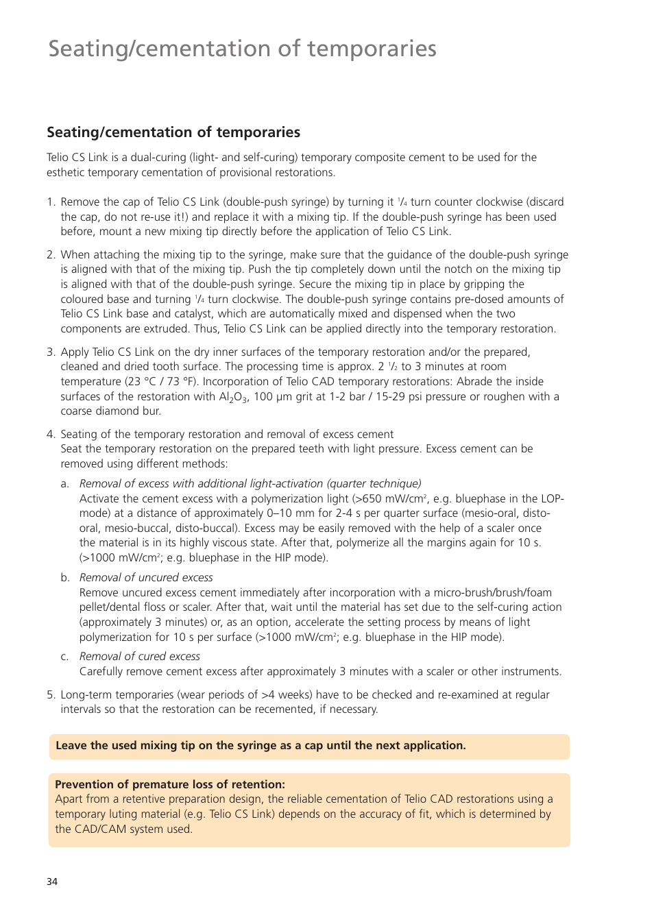 Seating/cementation of temporaries | Ivoclar Vivadent Telio CS User Manual | Page 34 / 36