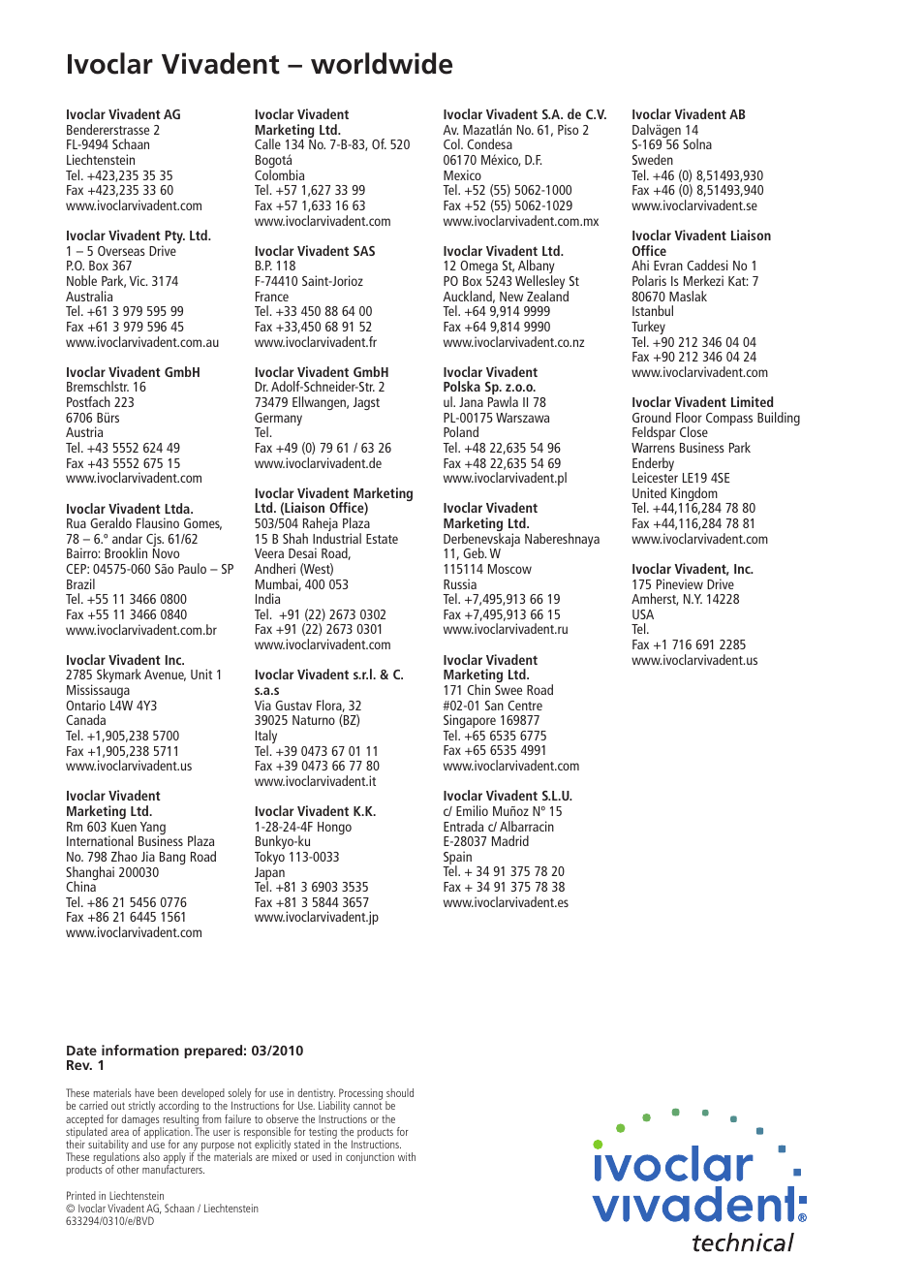 Ivoclar vivadent – worldwide | Ivoclar Vivadent Telio CS User Manual | Page 36 / 36