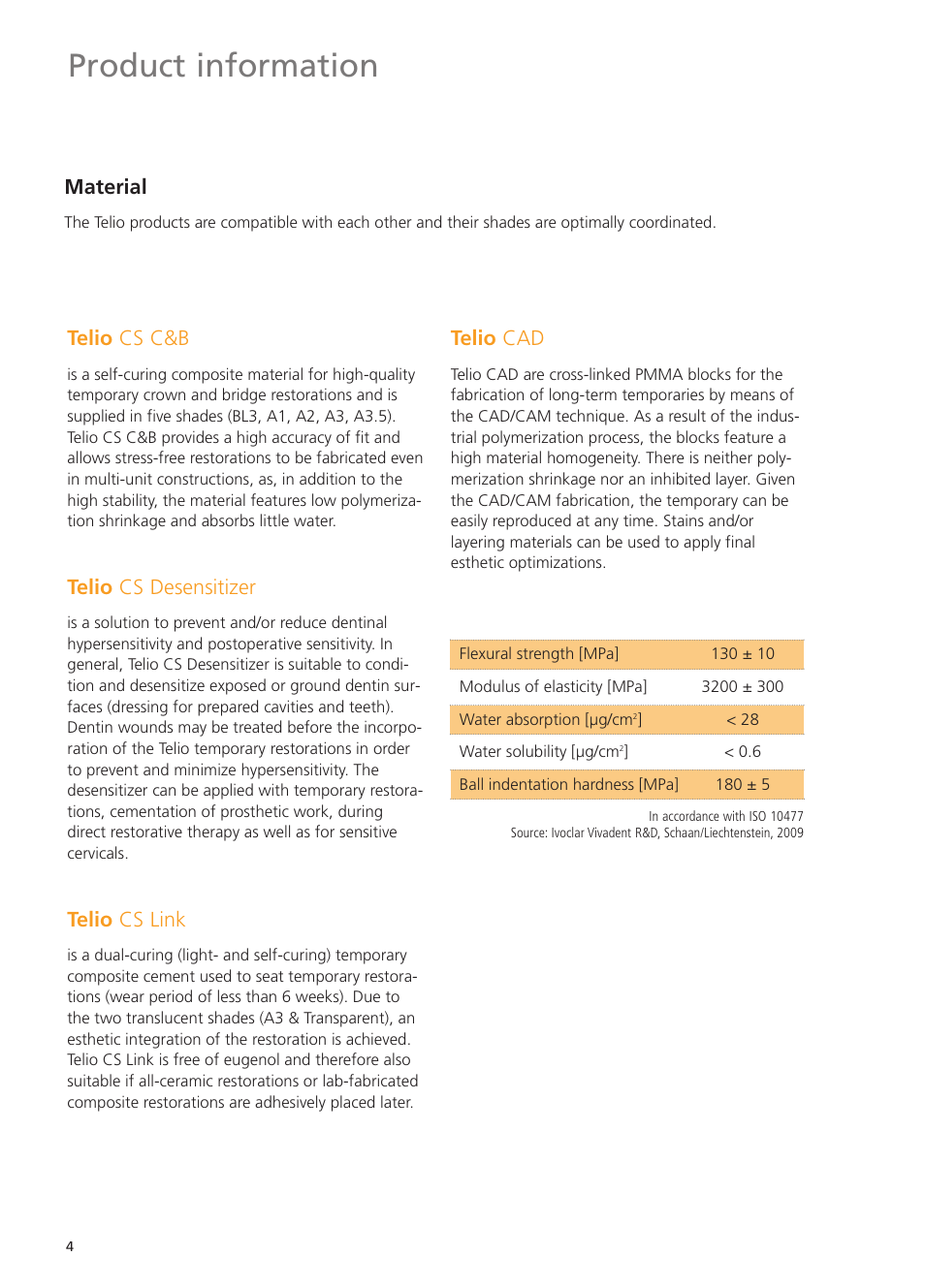 Product information, Telio cs c&b, Telio cs desensitizer | Telio cs link, Telio cad, Material | Ivoclar Vivadent Telio CS User Manual | Page 4 / 36