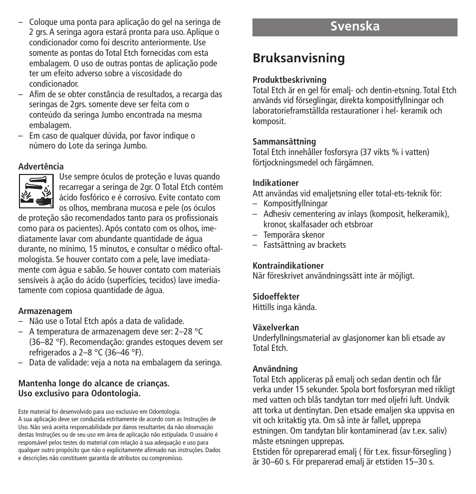 Svenska, Bruksanvisning | Ivoclar Vivadent Total Etch User Manual | Page 10 / 26