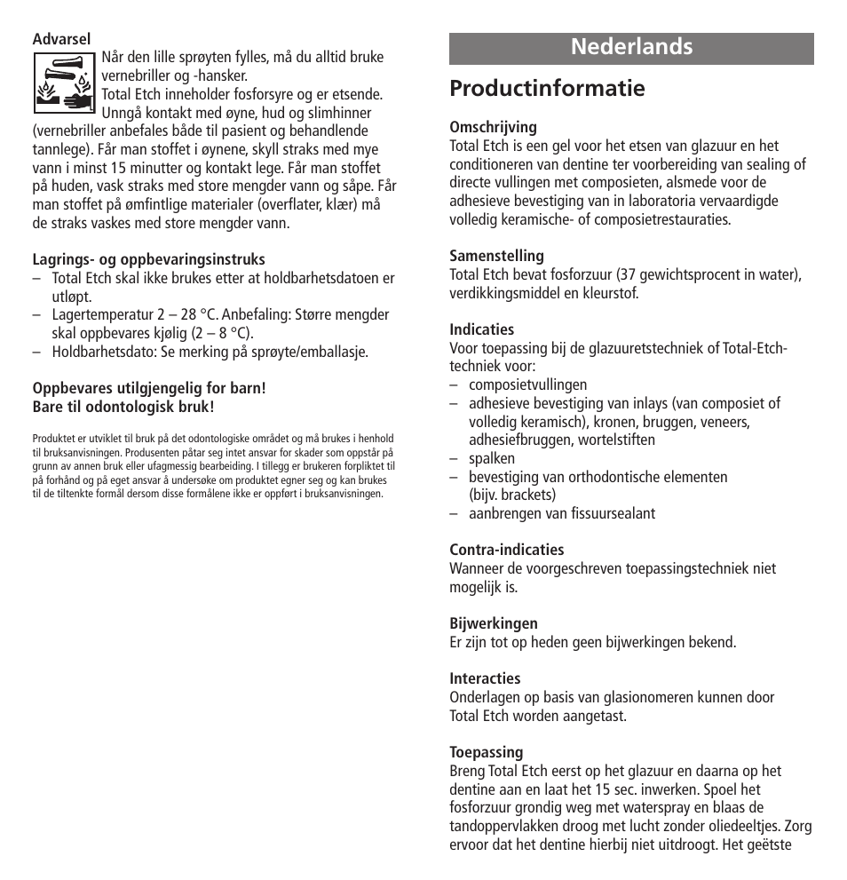 Nederlands, Productinformatie | Ivoclar Vivadent Total Etch User Manual | Page 16 / 26