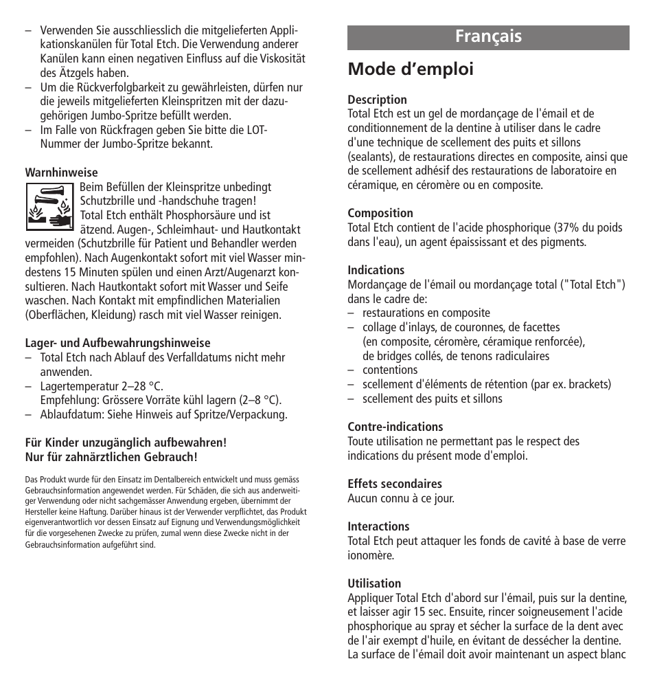 Français, Mode d’emploi | Ivoclar Vivadent Total Etch User Manual | Page 4 / 26