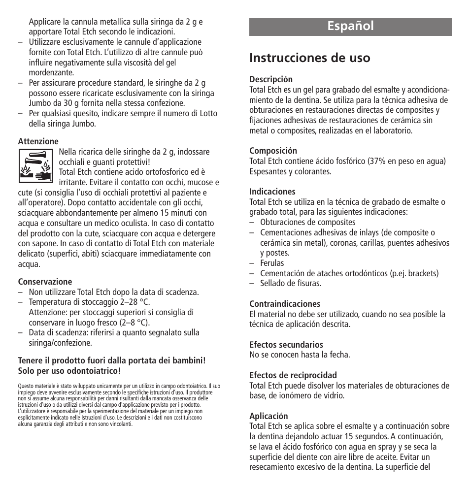 Español, Instrucciones de uso | Ivoclar Vivadent Total Etch User Manual | Page 7 / 26