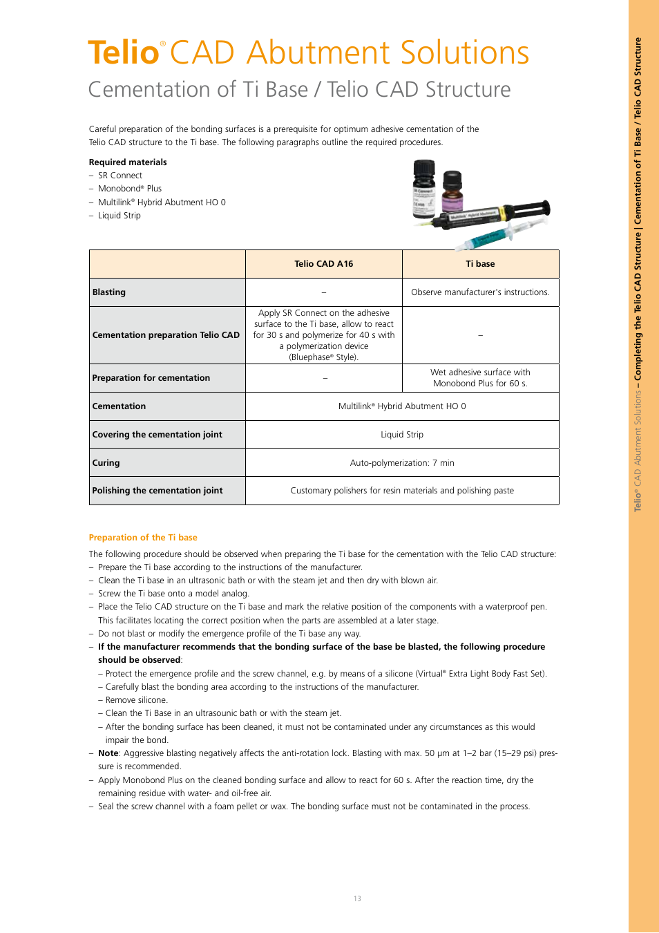 Telio, Cad abutment solutions, Cementation of ti base / telio cad structure | Ivoclar Vivadent Telio CAD A16 User Manual | Page 13 / 28
