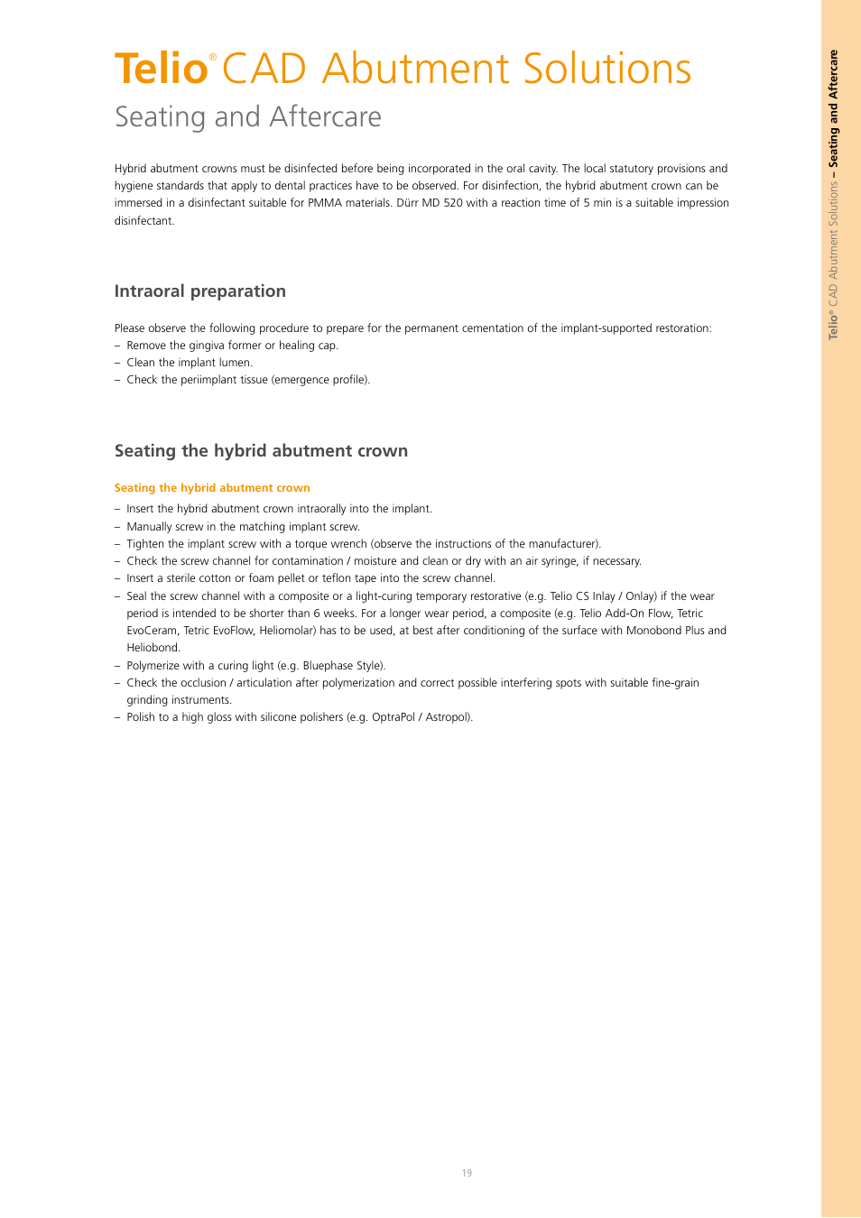 Telio, Cad abutment solutions, Seating and aftercare | Ivoclar Vivadent Telio CAD A16 User Manual | Page 19 / 28