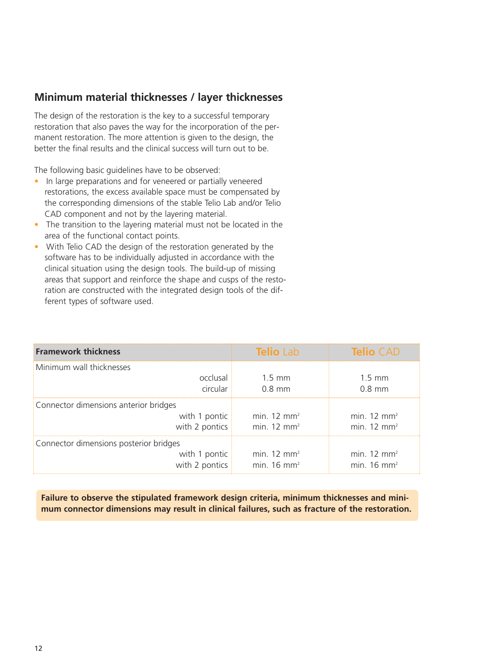 Minimum material thicknesses / layer thicknesses, Telio cad telio lab | Ivoclar Vivadent Telio Lab User Manual | Page 12 / 48