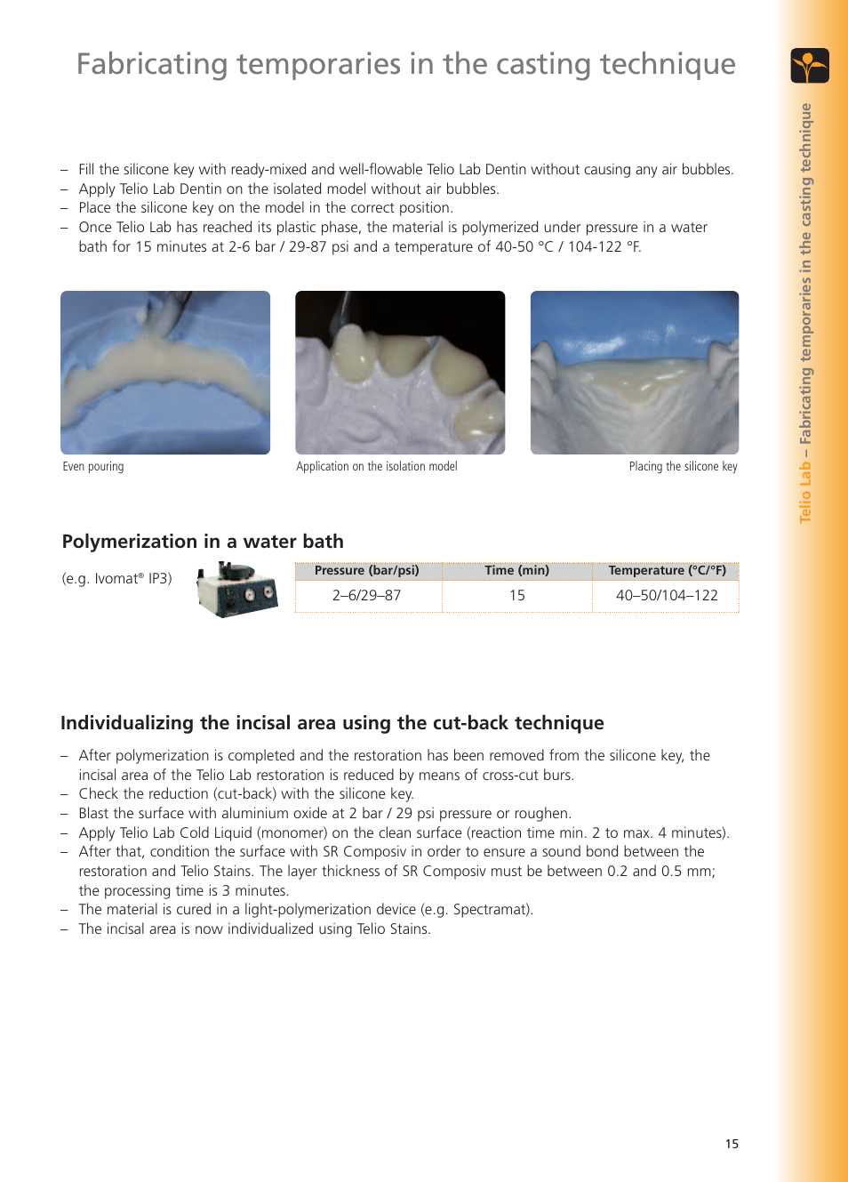 Fabricating temporaries in the casting technique, Polymerization in a water bath | Ivoclar Vivadent Telio Lab User Manual | Page 15 / 48