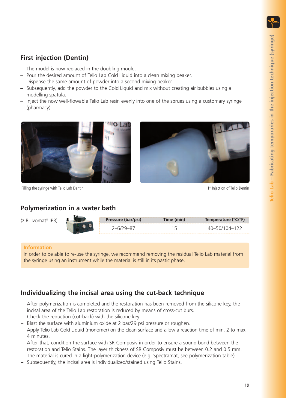 First injection (dentin), Polymerization in a water bath | Ivoclar Vivadent Telio Lab User Manual | Page 19 / 48