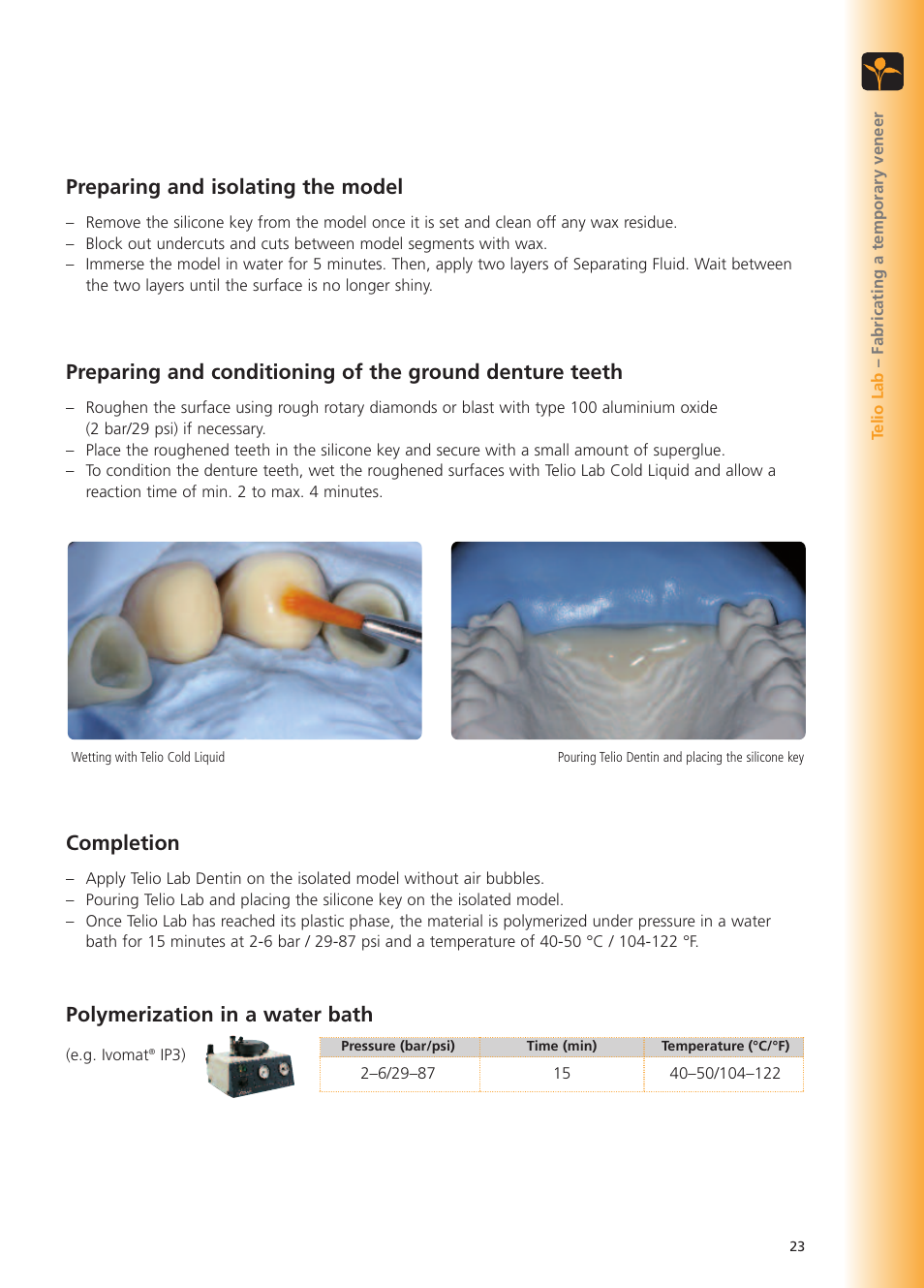 Preparing and isolating the model, Completion, Polymerization in a water bath | Ivoclar Vivadent Telio Lab User Manual | Page 23 / 48
