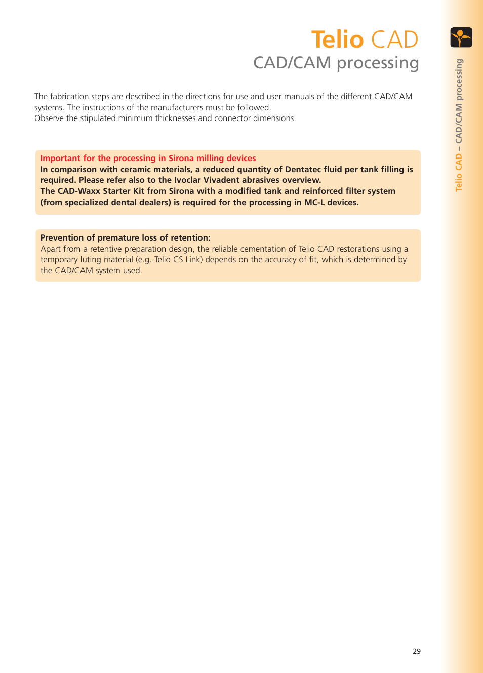 Telio cad, Cad/cam processing | Ivoclar Vivadent Telio Lab User Manual | Page 29 / 48