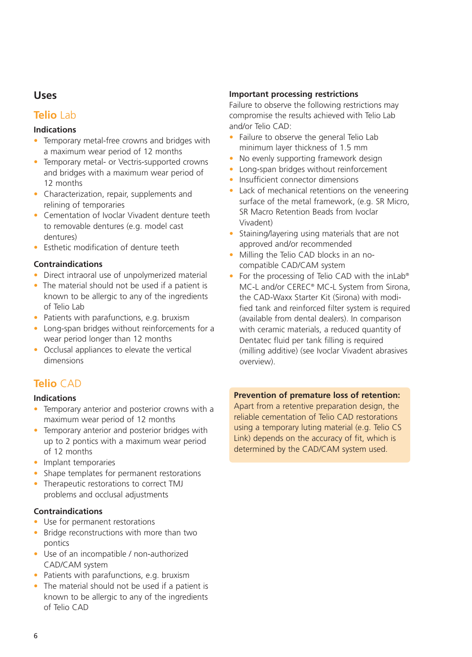 Uses telio lab, Telio cad | Ivoclar Vivadent Telio Lab User Manual | Page 6 / 48