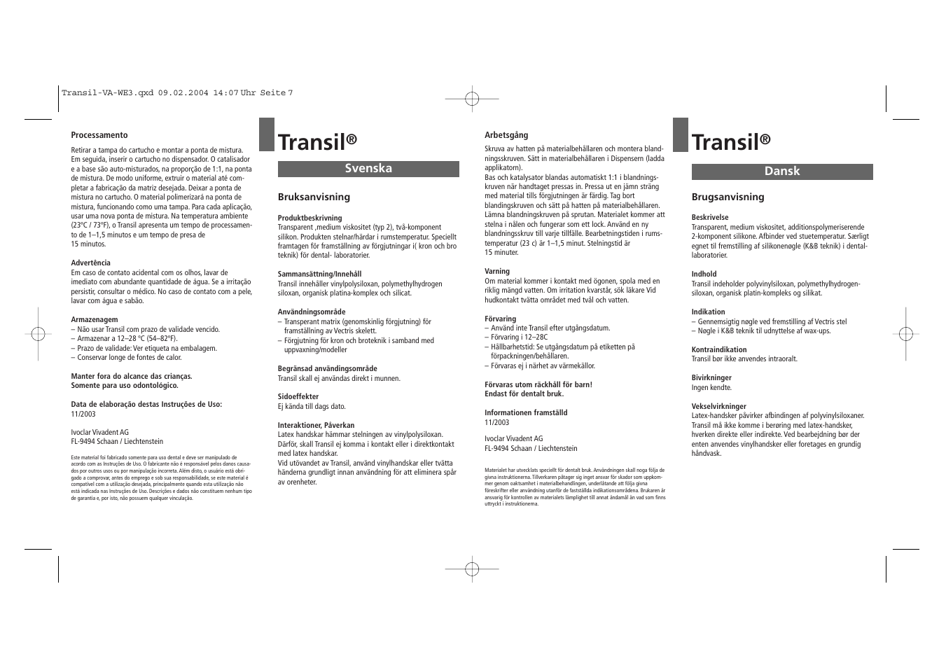 Transil, Svenska dansk | Ivoclar Vivadent Transil User Manual | Page 4 / 8