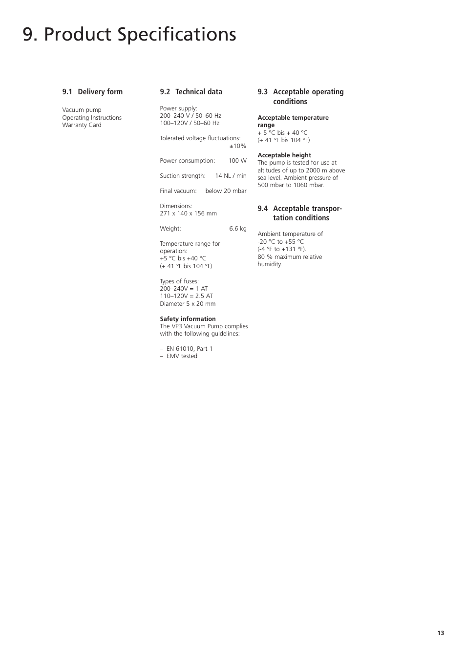 Product specifications | Ivoclar Vivadent VP3 User Manual | Page 13 / 16