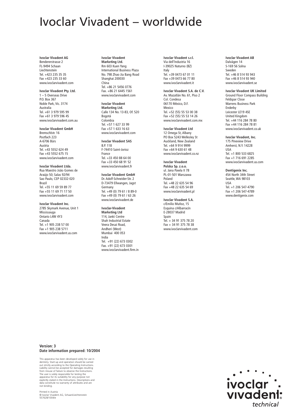 Ivoclar vivadent – worldwide | Ivoclar Vivadent VP3 User Manual | Page 16 / 16