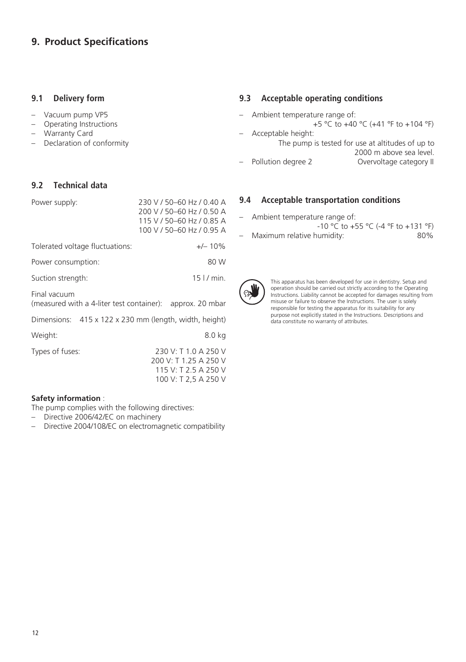 Product specifications | Ivoclar Vivadent VP5 User Manual | Page 12 / 64