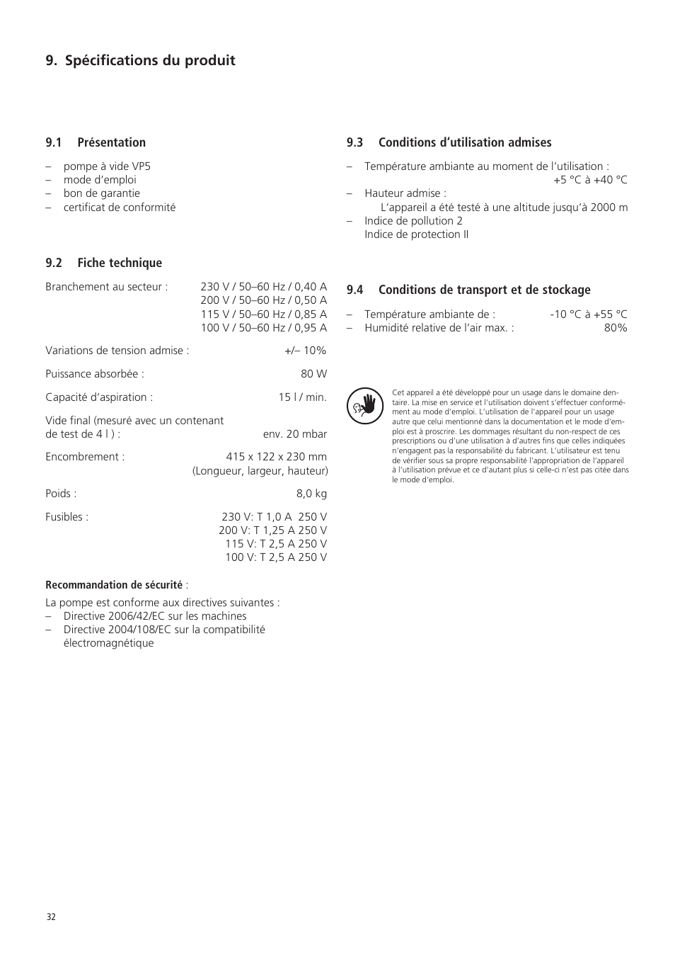 Spécifications du produit | Ivoclar Vivadent VP5 User Manual | Page 32 / 64