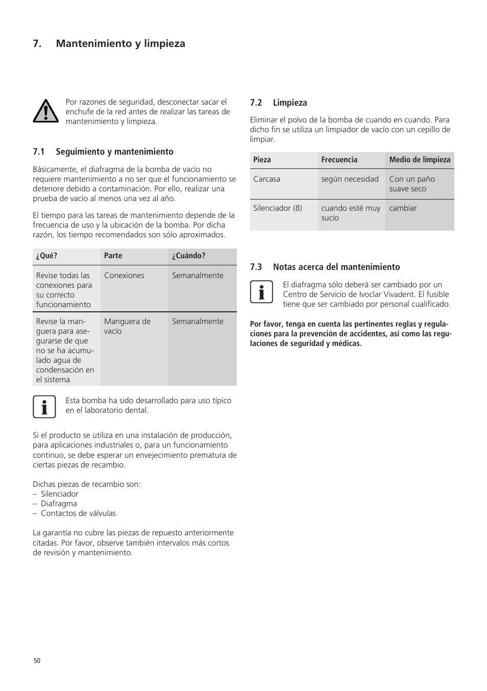 Mantenimiento y limpieza | Ivoclar Vivadent VP5 User Manual | Page 50 / 64