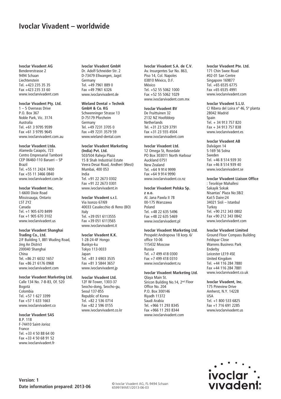 Ivoclar vivadent – worldwide | Ivoclar Vivadent VP5 User Manual | Page 64 / 64