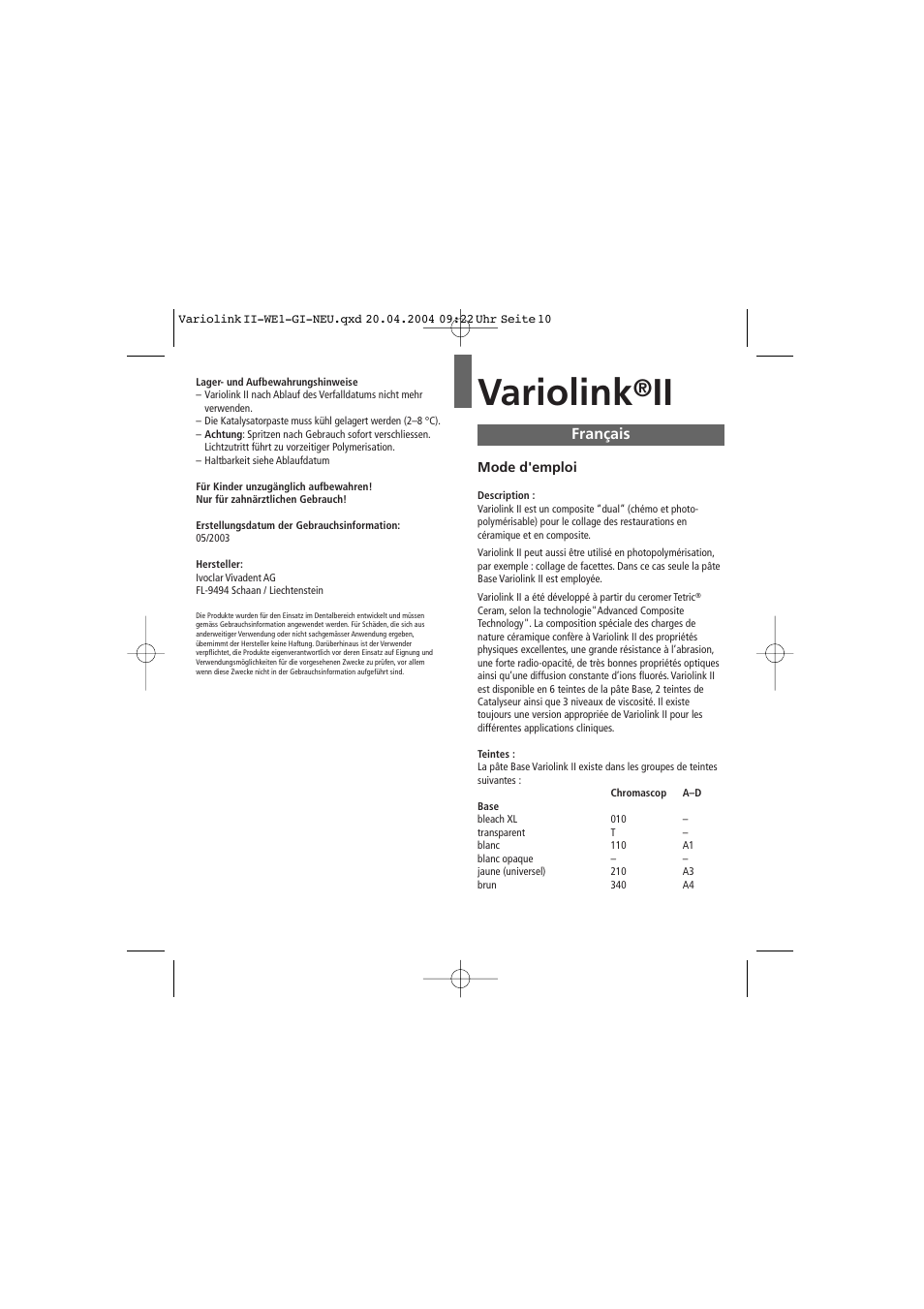 Français, Variolink | Ivoclar Vivadent Variolink II User Manual | Page 10 / 31
