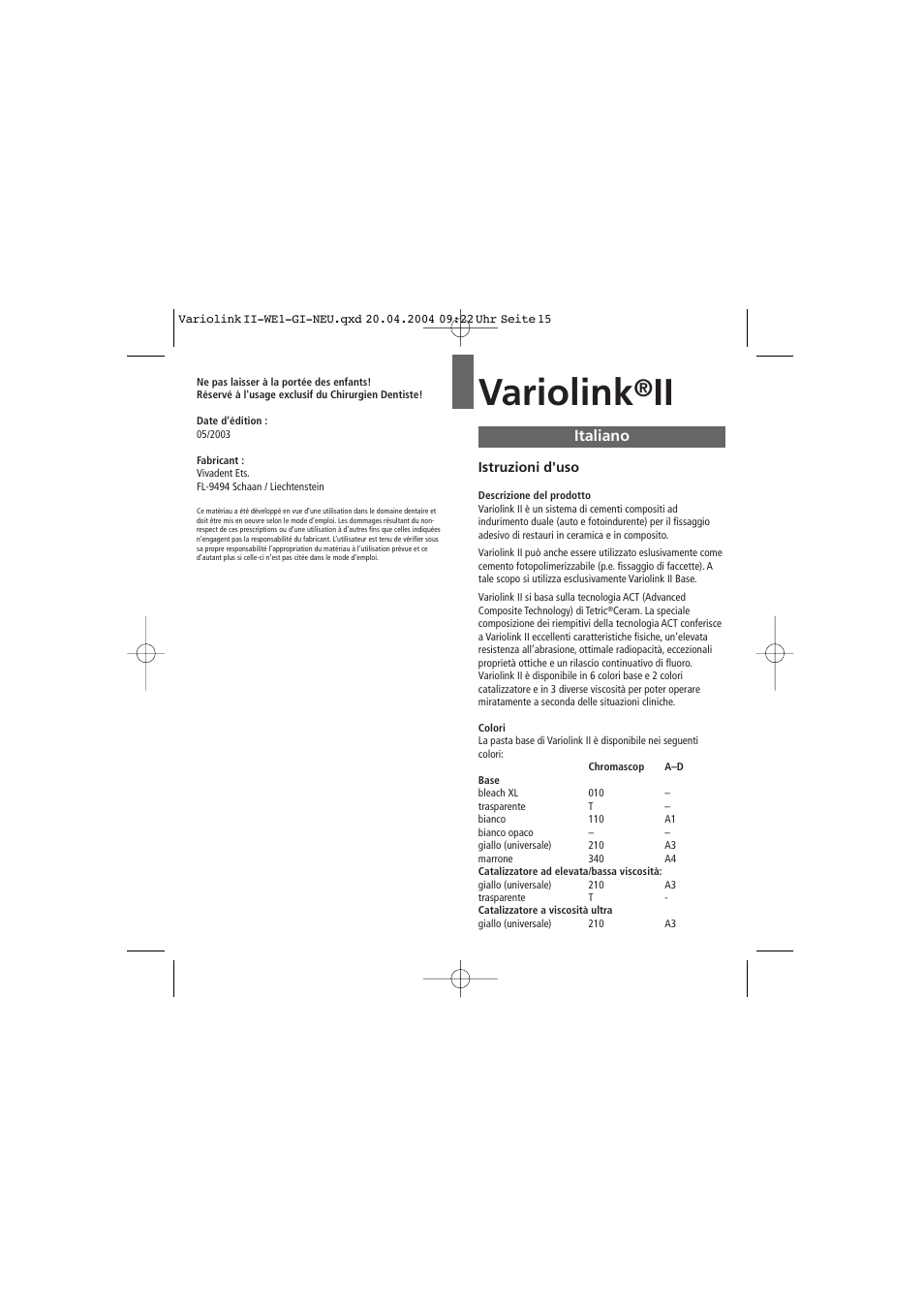 Italiano, Variolink | Ivoclar Vivadent Variolink II User Manual | Page 15 / 31