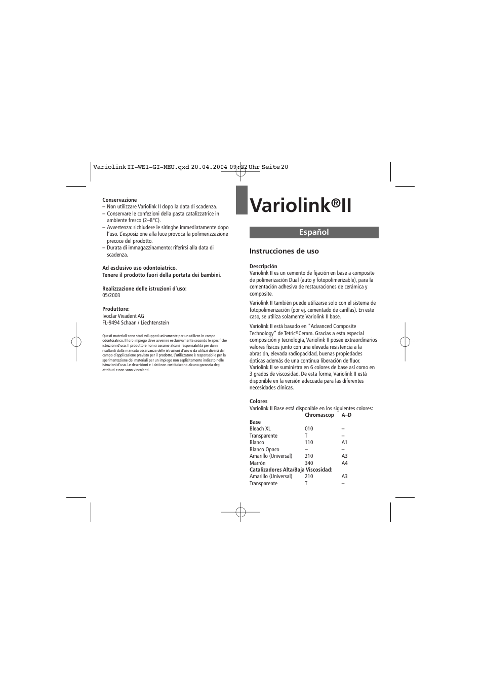 Español, Variolink | Ivoclar Vivadent Variolink II User Manual | Page 20 / 31