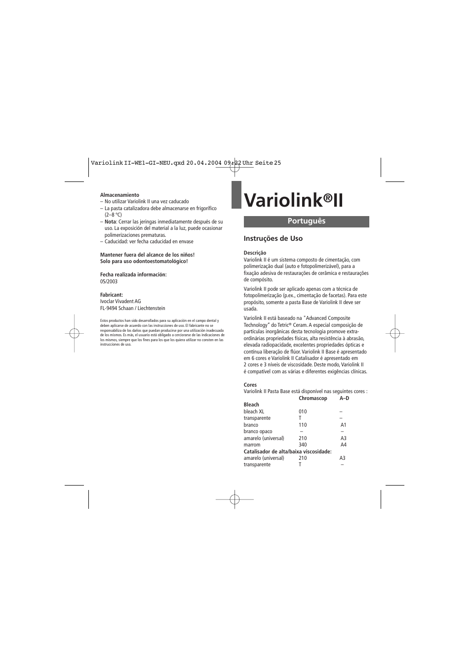 Português, Variolink | Ivoclar Vivadent Variolink II User Manual | Page 25 / 31