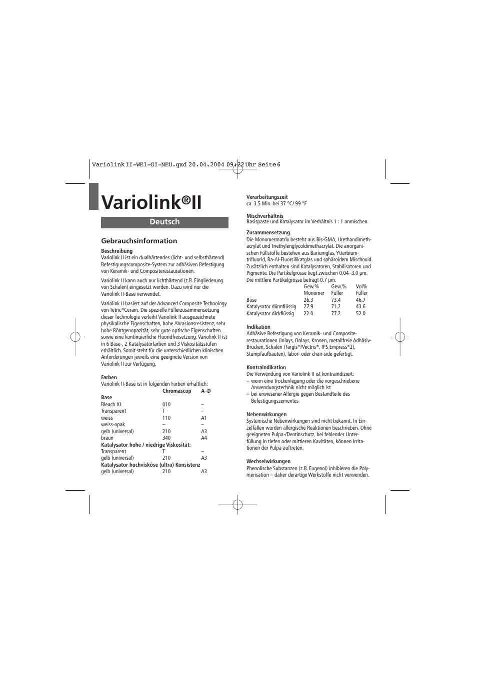 Deutsch, Variolink | Ivoclar Vivadent Variolink II User Manual | Page 6 / 31