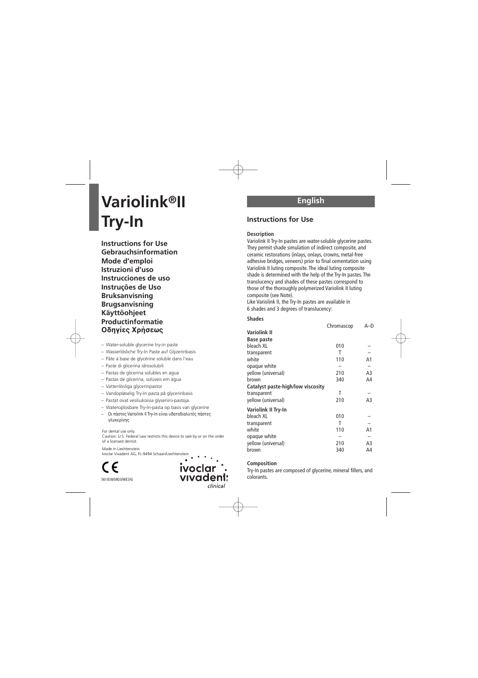 Ivoclar Vivadent Variolink II Try-In User Manual | 20 pages